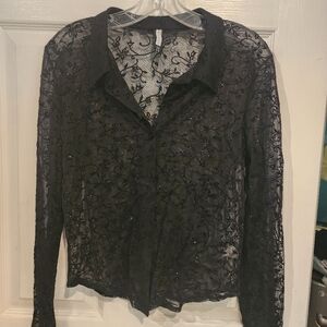 Vintage Forever 21 sheer, glittery, black floral lace Y2K shirt